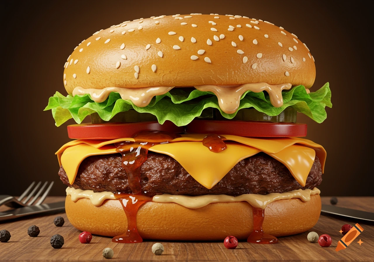 Photorealistic close-up of a gourmet hamburger with lettuce, tomato, melting cheese, a thick patty, and sauces dripping onto a wooden table.