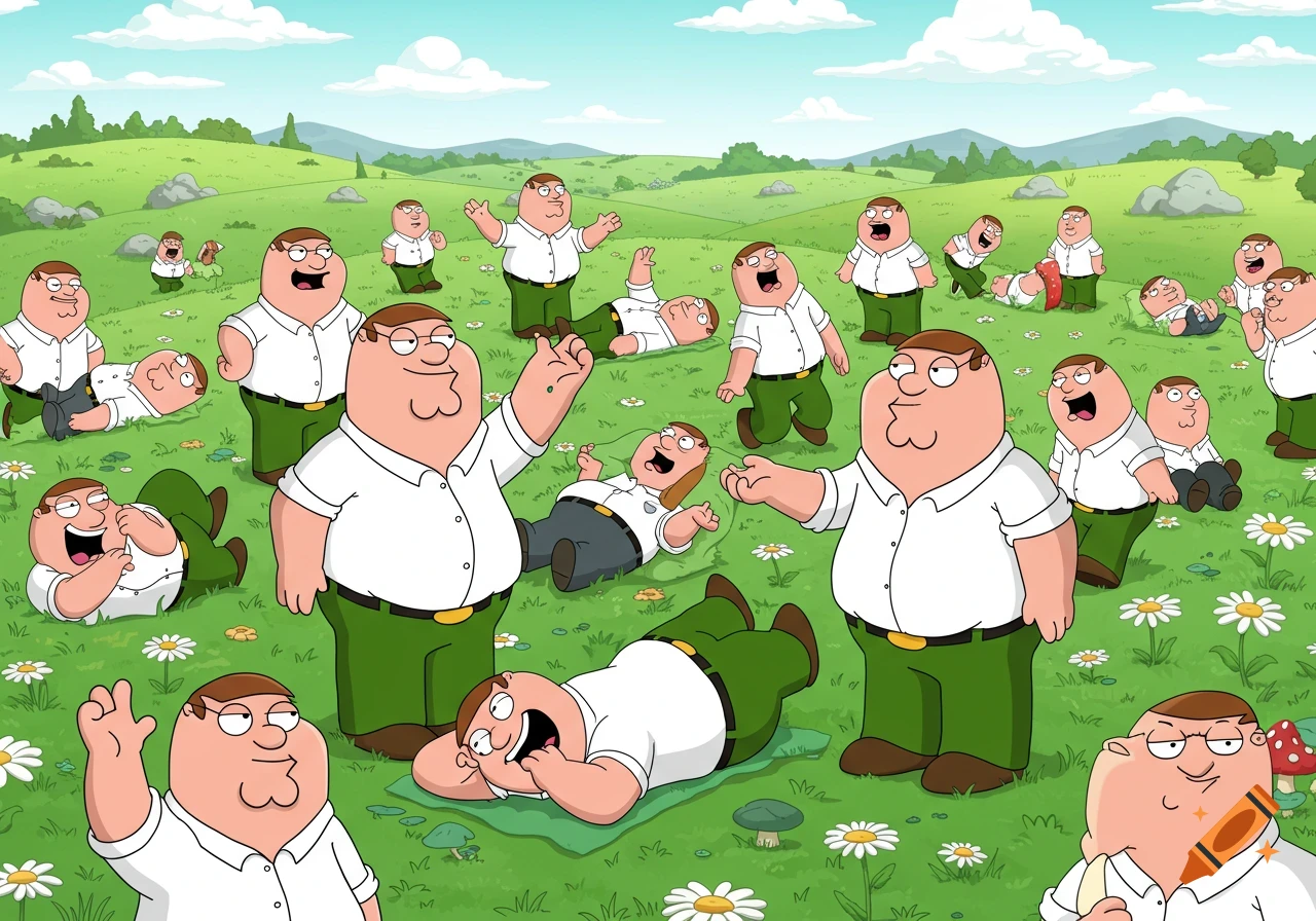 Many cartoon Peter Griffins from Family Guy scattered across a vibrant green field under a blue sky, some standing, some lying down.