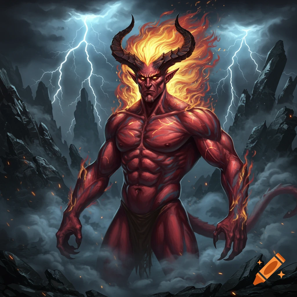 Muscular red demon with horns and fiery hair stands under a stormy sky with lightning and rocks, digital art.