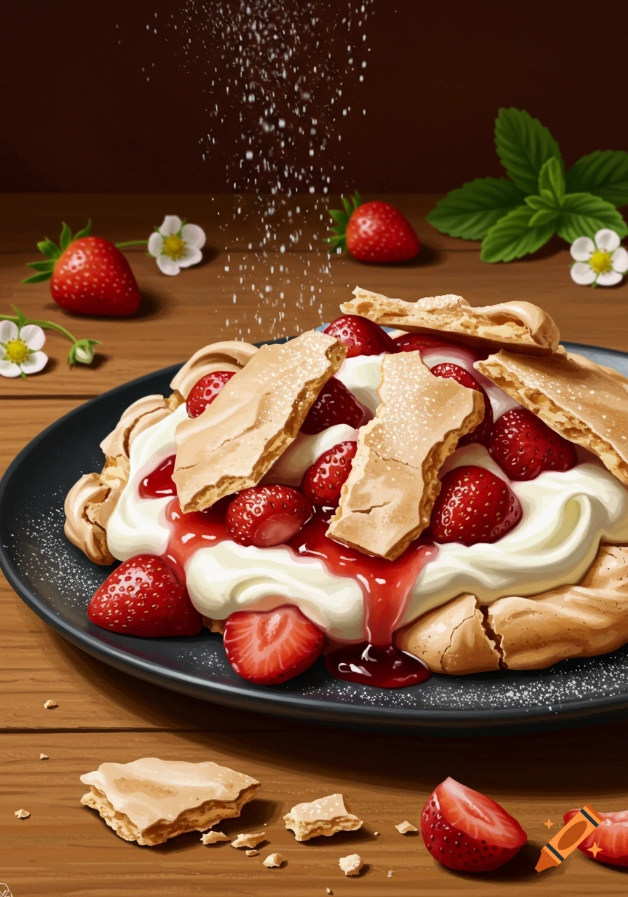 A close-up illustration of Eton Mess with strawberries, whipped cream, meringue, and powdered sugar on a black plate.