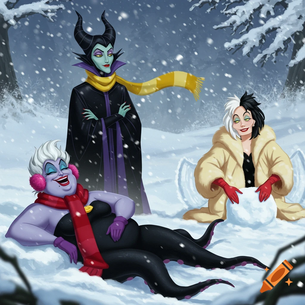 Maleficent, Ursula, and Cruella de Vil enjoy a snowy day. Ursula lies in the snow, Maleficent stands watching, and Cruella kneels making a snowman.