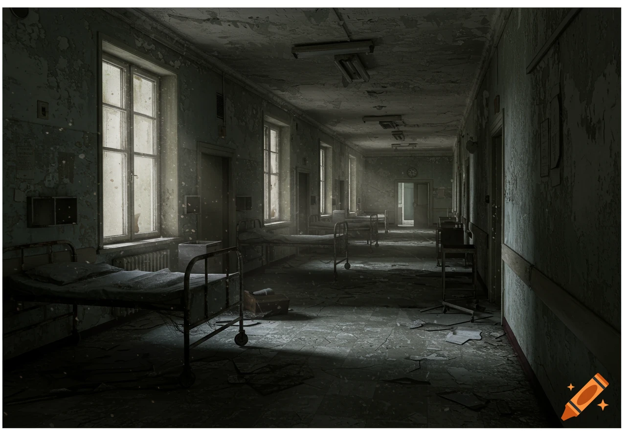 Photorealistic image of a long, dark, abandoned hospital corridor with empty beds, peeling paint, and dusty light from windows.
