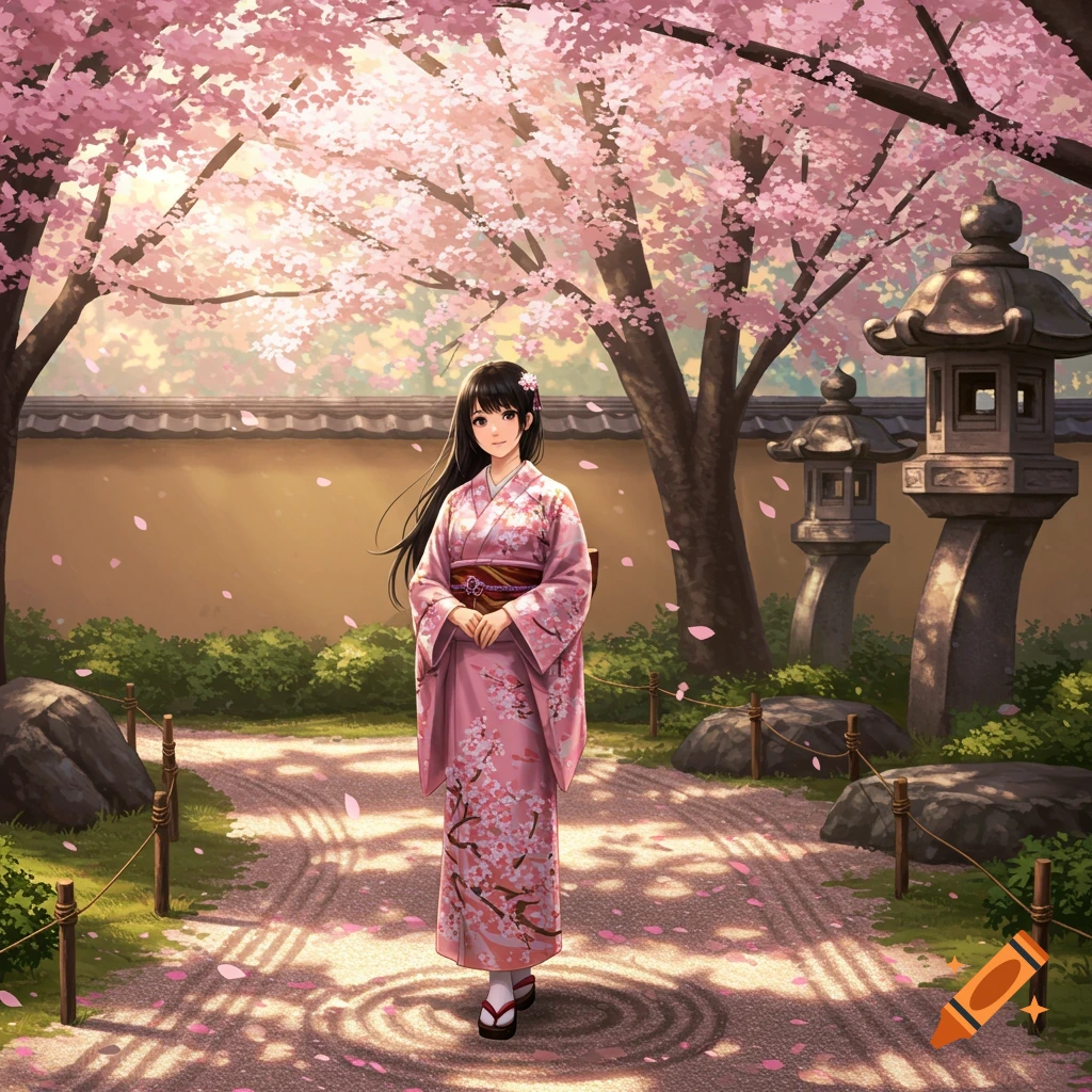 An anime girl in a pink kimono with cherry blossoms stands in a beautiful Japanese garden path under blooming trees.