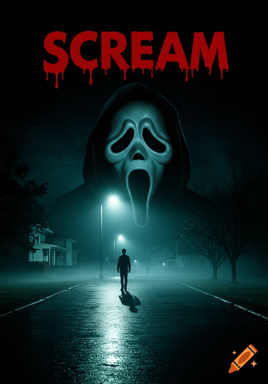 A dark movie poster for Scream with the Ghostface mask above a person walking on a foggy, wet street at night, lit by a street lamp.