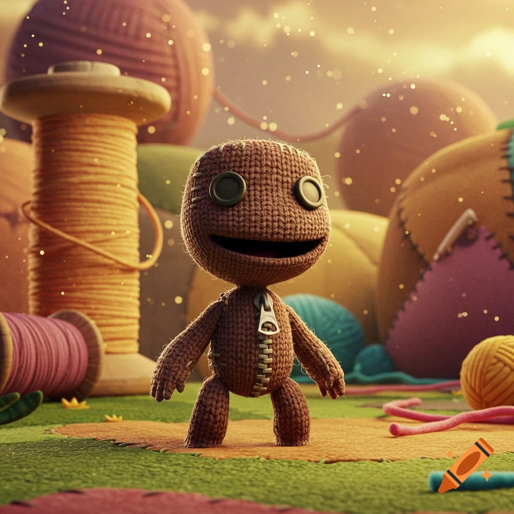 A whimsical, detailed image of a brown knitted Sackboy toy standing on a patchwork ground surrounded by oversized spools of thread and yarn balls with glowing particles.