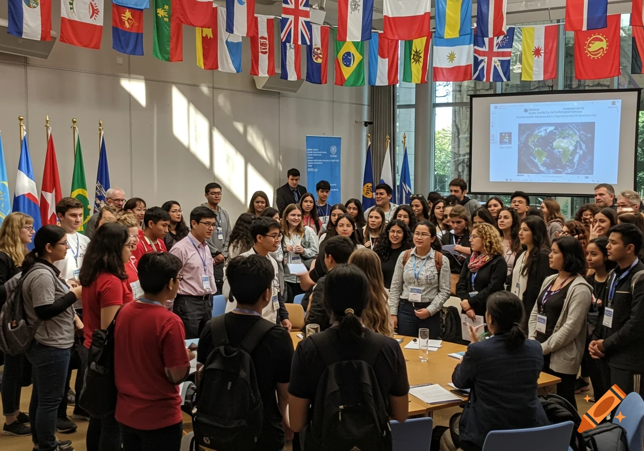 A diverse group of students stands in a bright room adorned with various national flags, attending an international meeting.