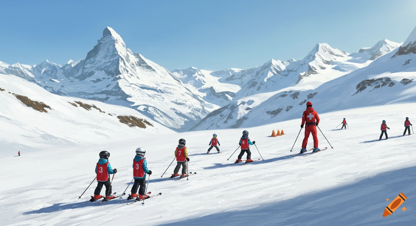Digital painting of a ski instructor and young students in red vests skiing down a snowy mountain slope with jagged peaks.