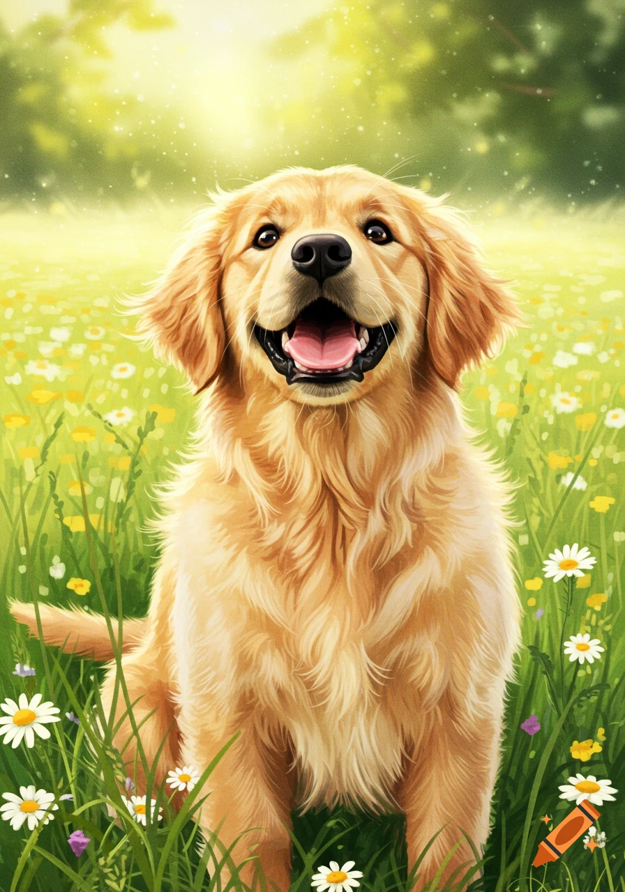A happy golden retriever puppy sits in a sunny field filled with white ...