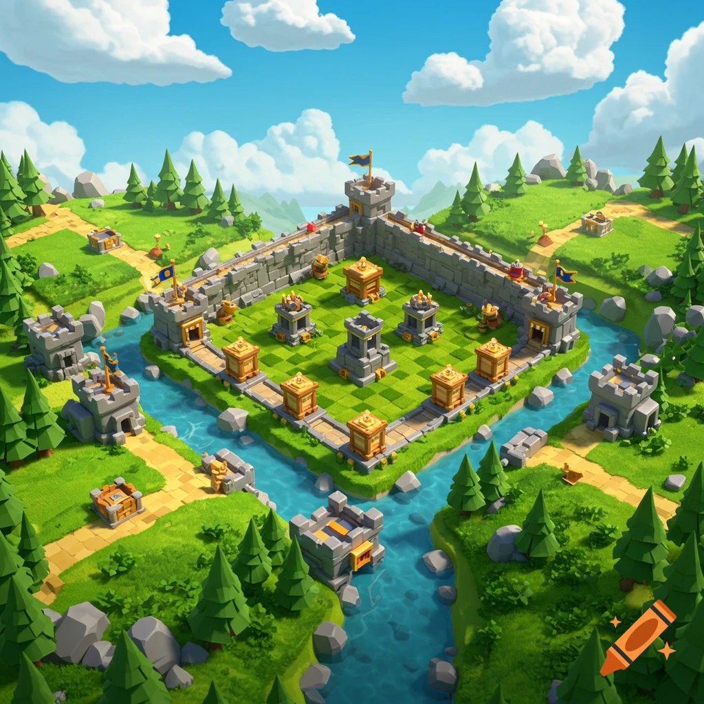A colorful isometric 3D game arena with stone castles, a river, green grass, and pine trees under a blue sky.
