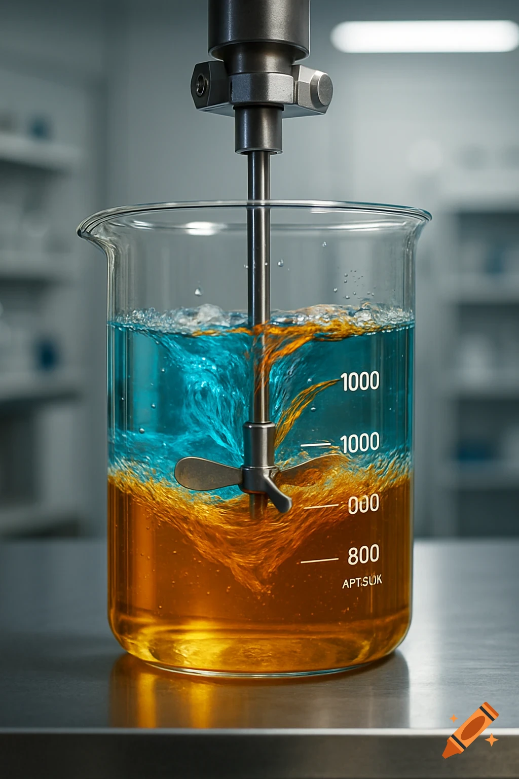 A beaker with a stirrer mixing two immiscible liquids, one blue and one amber, in a laboratory setting.
