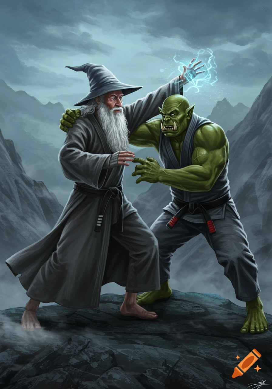 A white-bearded wizard in a grey gi grapples a green orc in a dark gi on a rocky mountain peak under a cloudy sky.