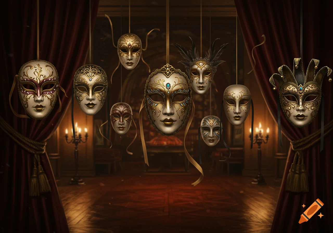 Ornate Venetian-style masks with gold and jewel accents hang suspended in a dimly lit, elegant room with red velvet curtains.