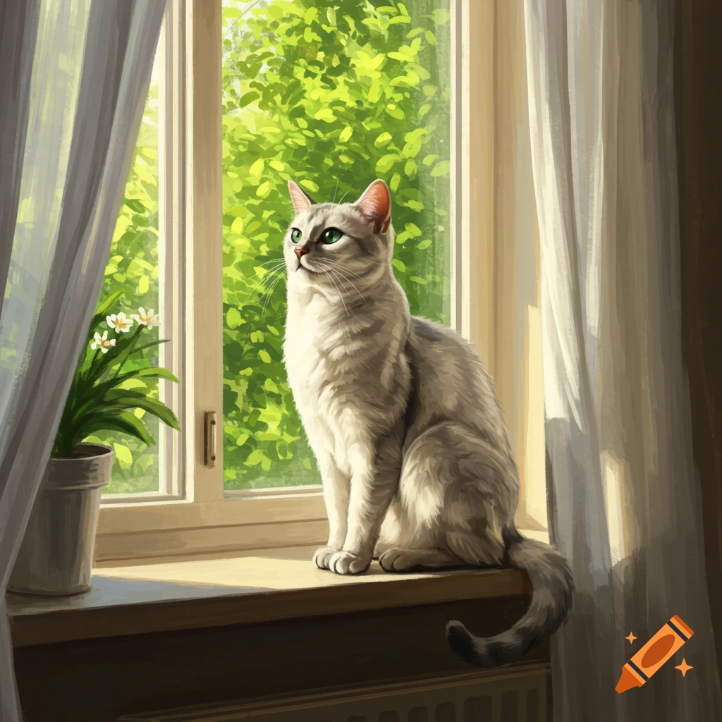 A light gray cat with green eyes sits on a sunlit windowsill, looking out at green trees, next to a potted plant and white curtains. Digital painting.