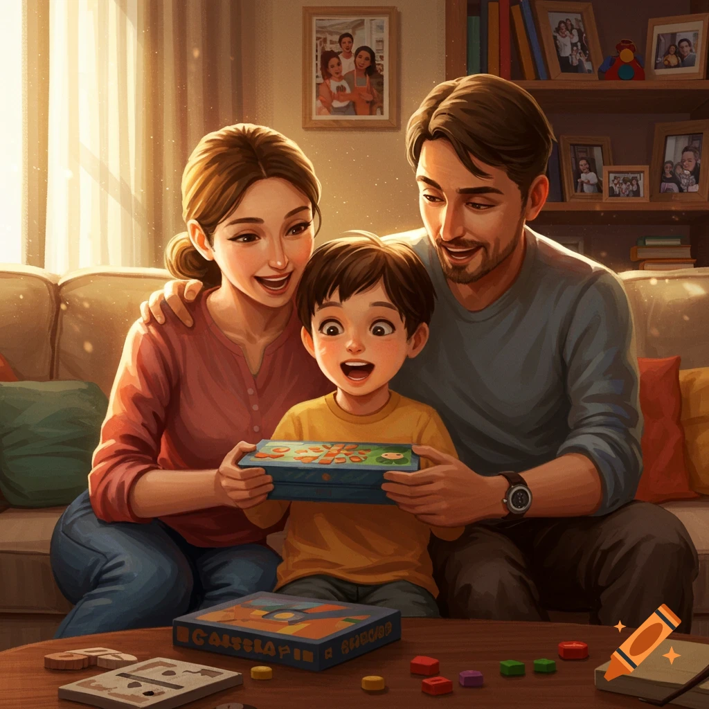 A family happily opens a new board game in their warm, sunlit living room, depicted in an illustrated style.