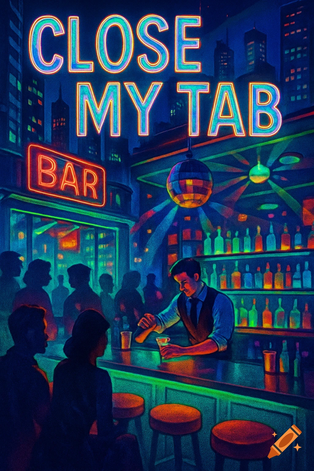 A vibrant, neon-lit illustration of a bartender at a city bar with signs reading 'CLOSE MY TAB' and 'BAR', patrons sit at the counter.