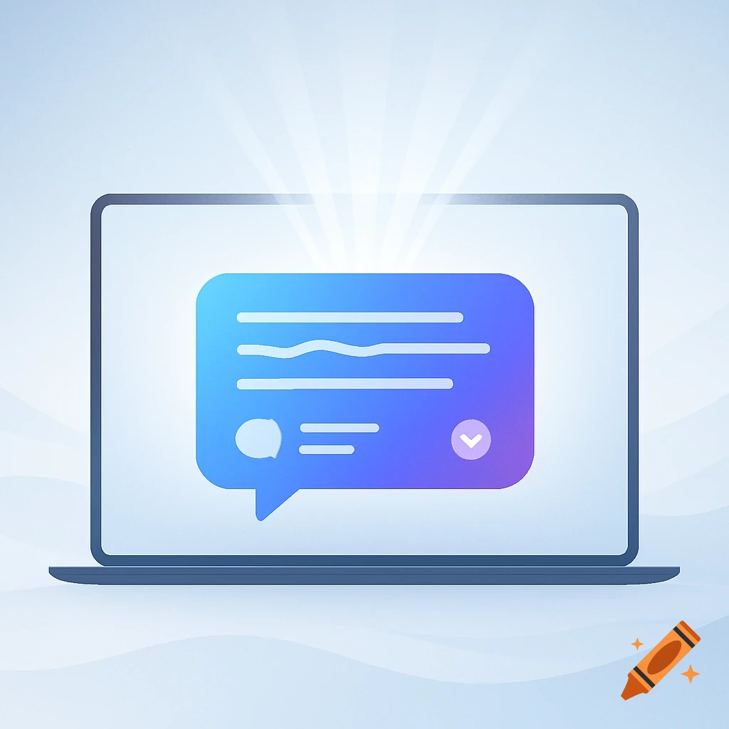 A stylized illustration of a laptop screen displaying a glowing blue-purple message bubble with abstract text and a checkmark.
