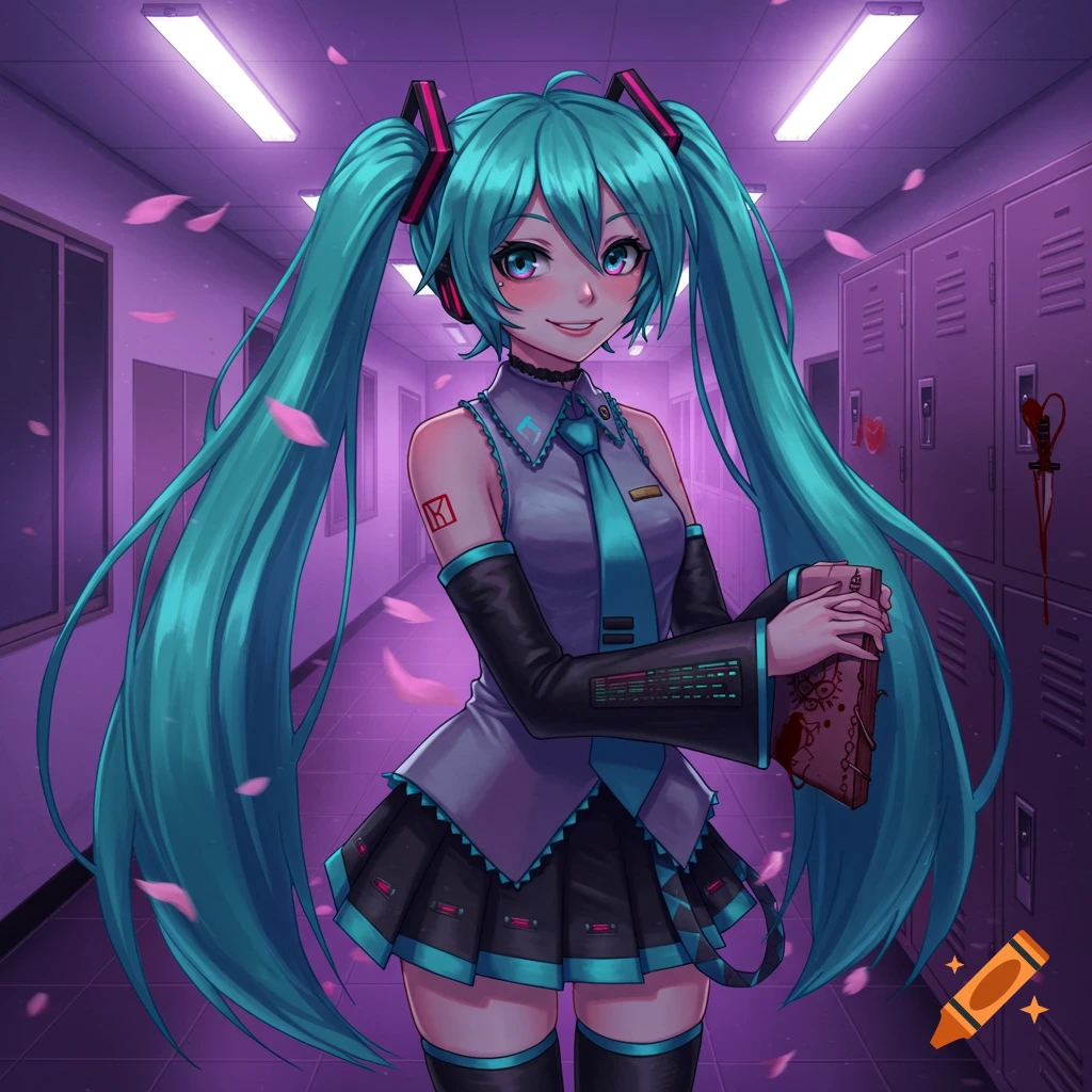 An anime illustration of Hatsune Miku as a yandere character, holding a bloody occult book in a purple-lit school hallway with a bloody knife in a locker.