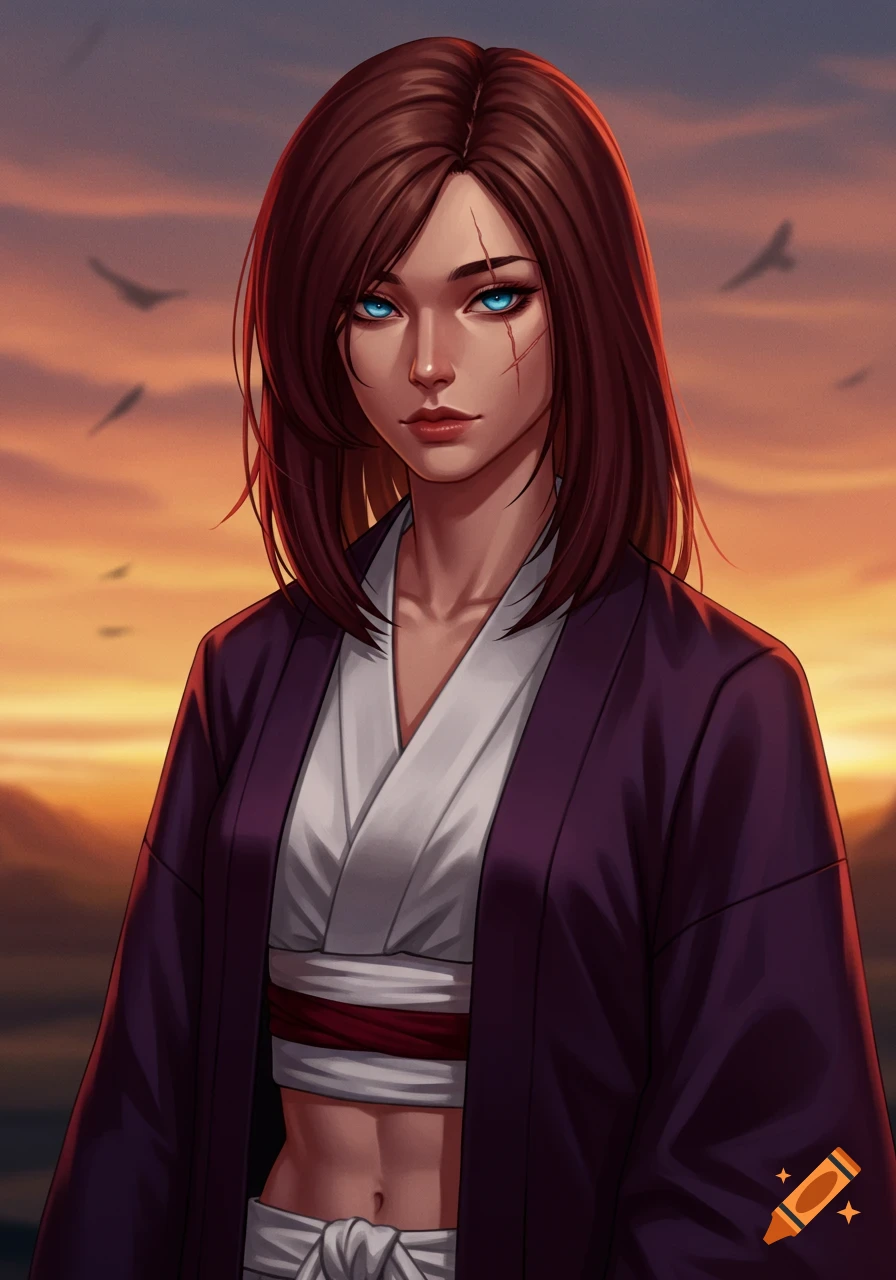 A fantasy illustration of a dark-haired woman with blue eyes and a facial scar, wearing a purple robe and white hakama, against a sunset sky.