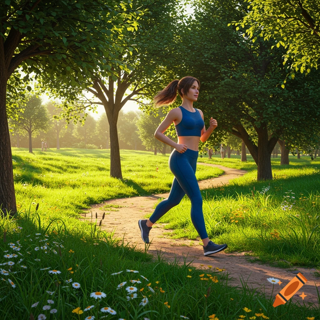 A woman runs on a dirt path through a sunny green park with trees and daisies.