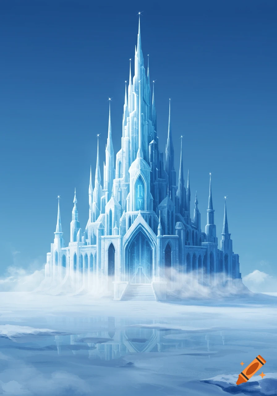 Majestic ice castle with glowing blue spires rises from misty clouds, reflecting on an icy surface.