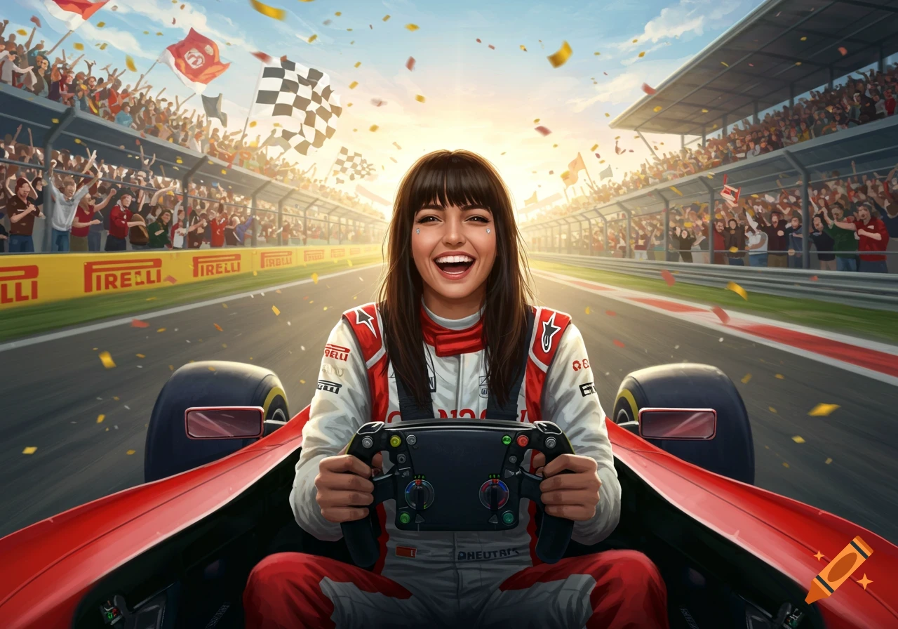 A smiling brunette woman in a red and white racing suit drives a Formula 1 car on a track, surrounded by cheering crowds and falling confetti, after a victory, in an illustration.