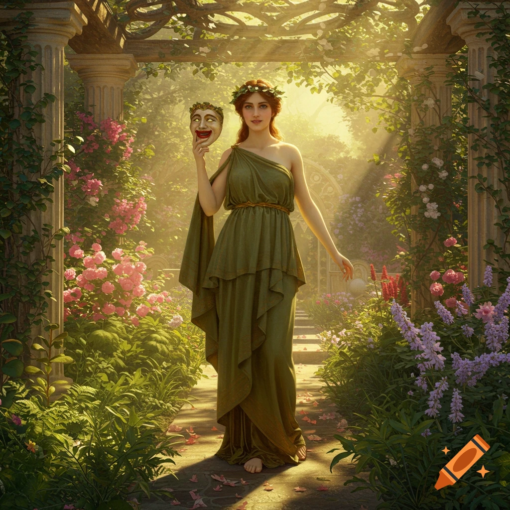 A painting of a woman in a green classical gown holding a smiling mask in a sunlit, vine-covered garden.