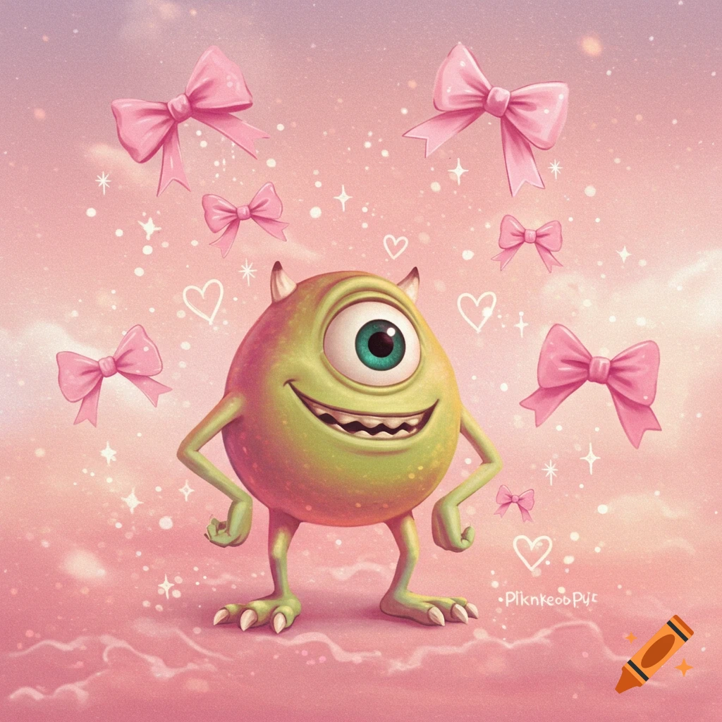 A smiling green, one-eyed monster with small horns stands on pink clouds surrounded by pink bows, hearts, and sparkles on a dreamy pink background.