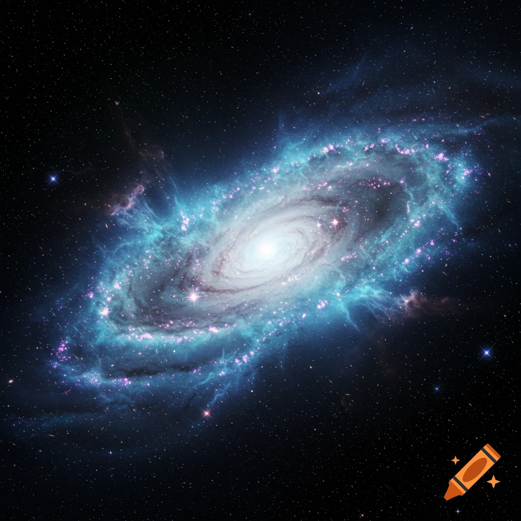 A vibrant spiral galaxy with a bright white core, blue and purple arms, and numerous stars against a dark cosmic background.