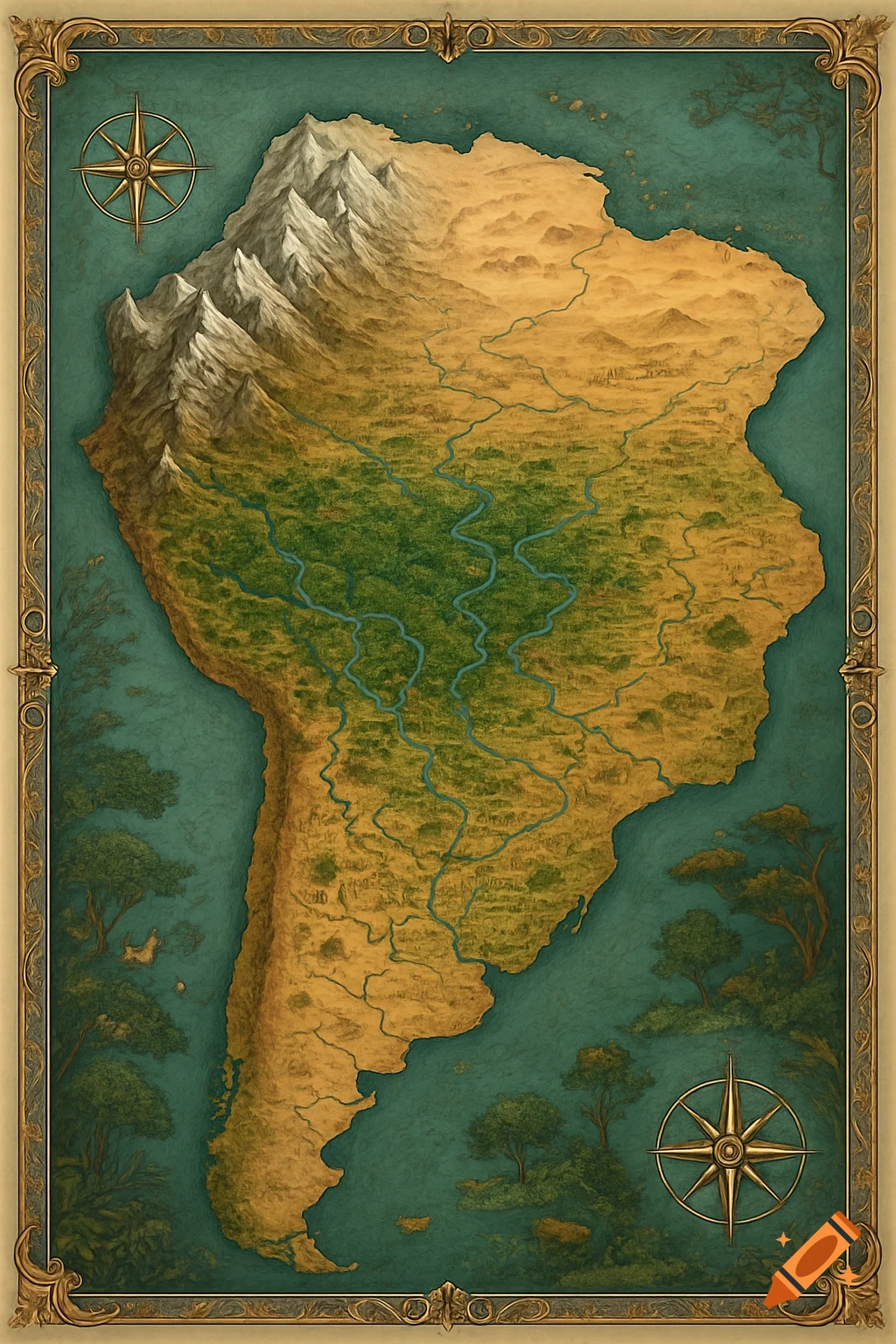 A stylized fantasy map of a continent with mountains, rivers, forests, and desert, framed by ornate borders and compasses.