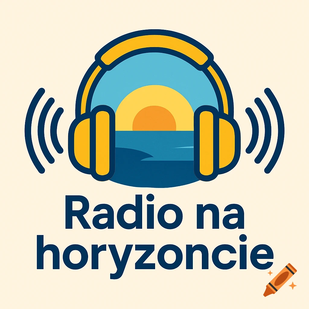 A logo featuring yellow headphones over a blue and yellow sunset horizon with sound waves, and the text "Radio na horyzoncie".