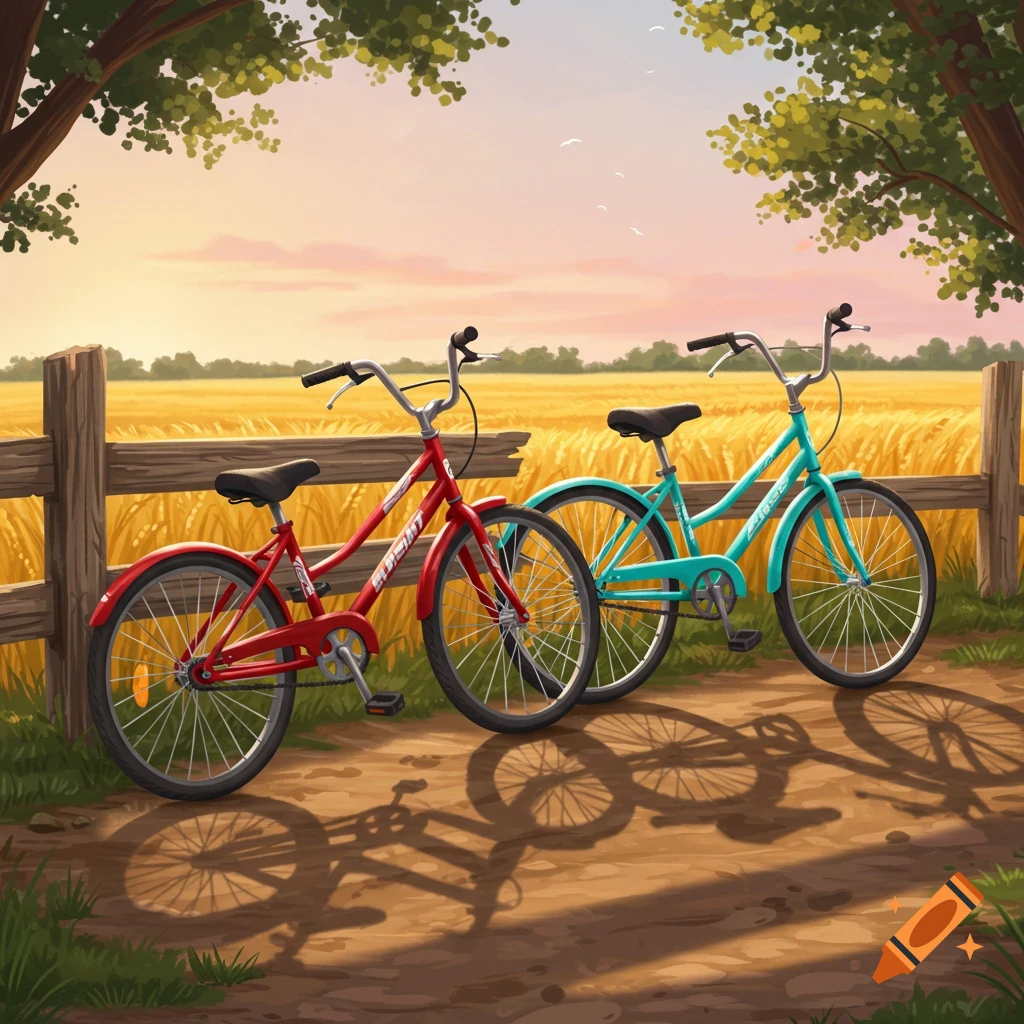 Two bicycles, one red and one blue, lean against a wooden fence in a golden field under a vibrant sky, in an illustrative style.