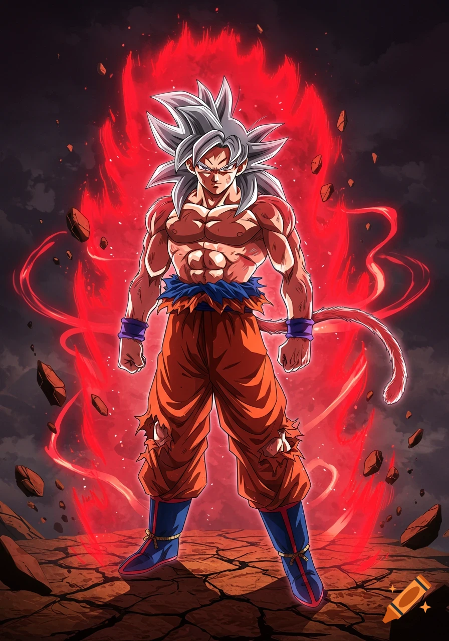 Goku in Ultra Instinct form with long silver hair, a red aura, and a monkey tail, standing on cracked ground in anime style.