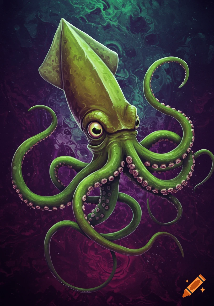 A vibrant green stylized squid with prominent eyes and numerous tentacles, set against a swirling dark green and purple abstract background.