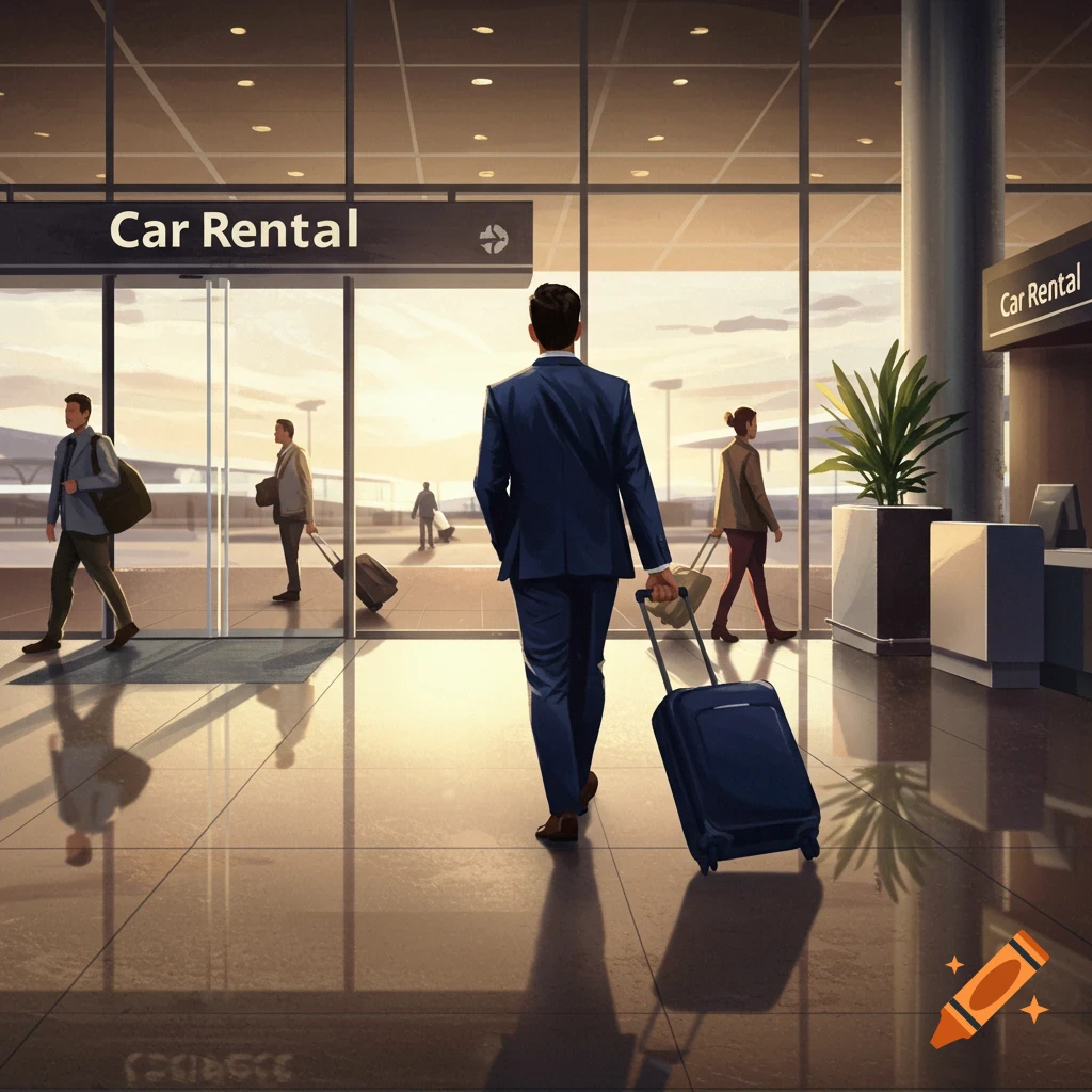 Man in a suit pulling luggage through a bright airport terminal towards a Car Rental sign, other travelers in background.
