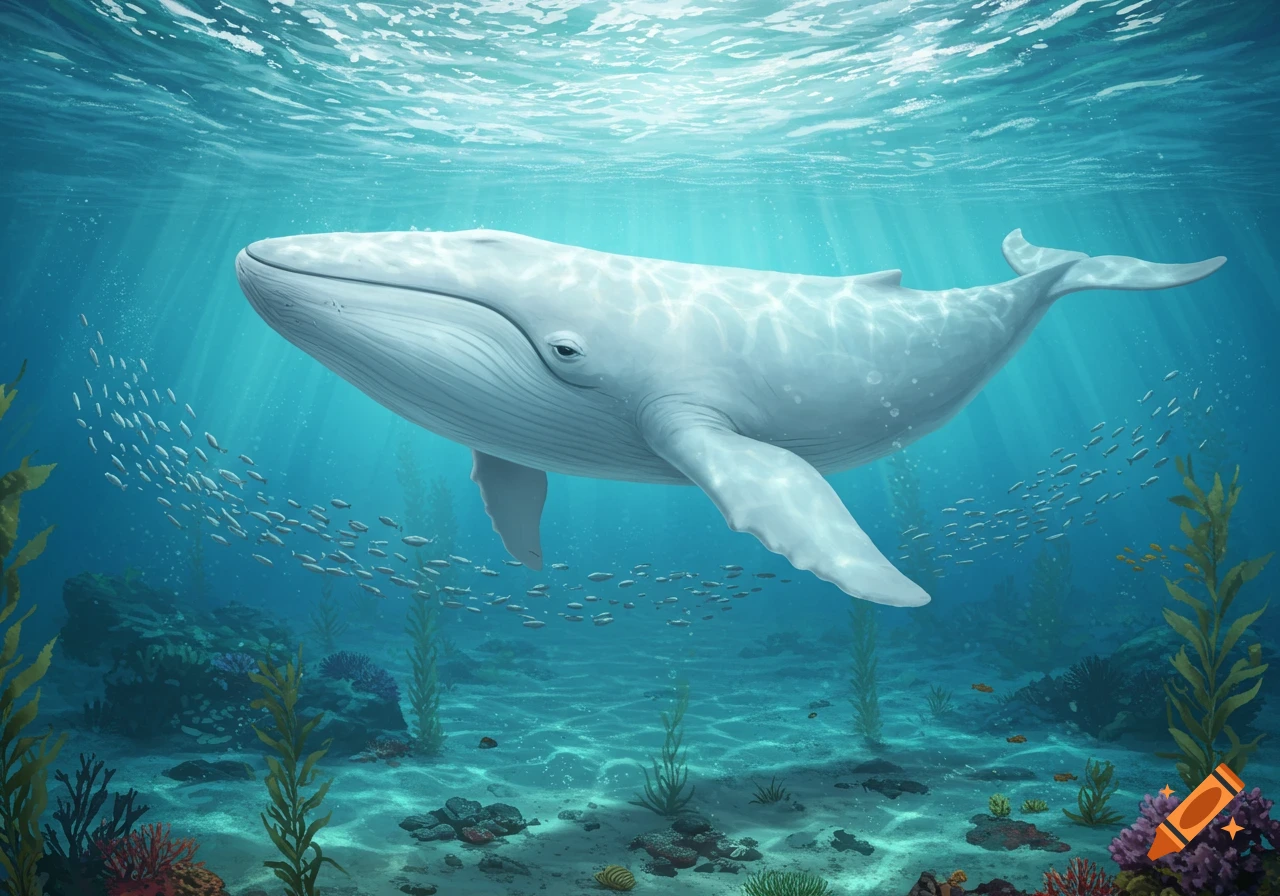 A large white whale swims underwater, surrounded by small fish and coral, with sunlight streaming from above.