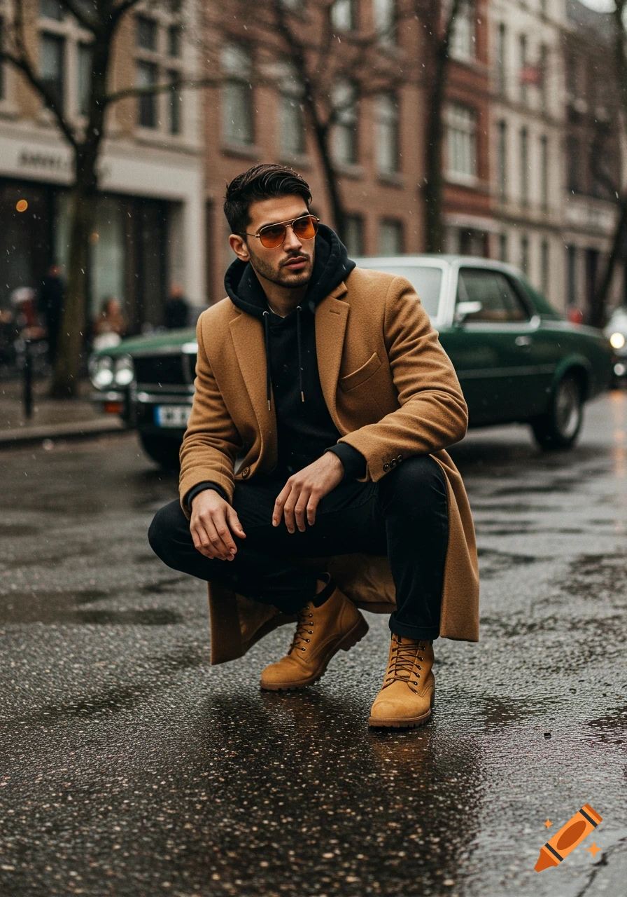 A stylish young man in a camel coat, black hoodie, and tan boots crouches on a wet city street, with a green car in the background.