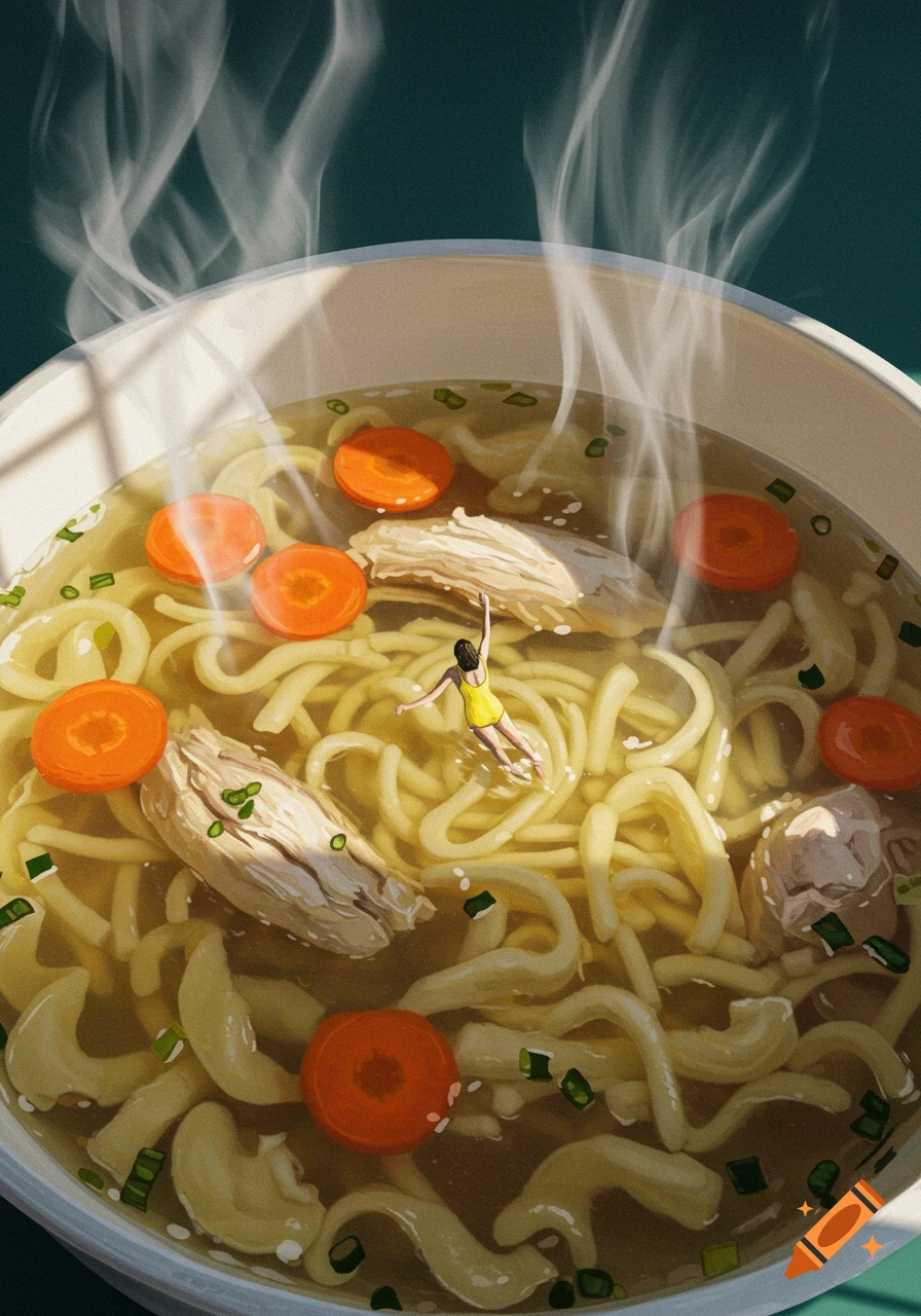 A tiny person in a yellow swimsuit swims in a steaming bowl of chicken noodle soup with carrots and chicken.