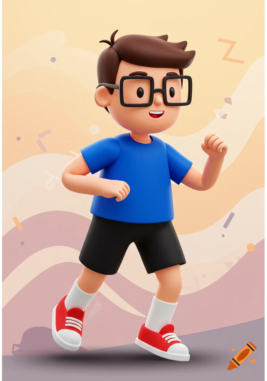 A 3D cartoon boy with glasses, a blue t-shirt, black shorts, white socks, and red sneakers runs against an abstract background.