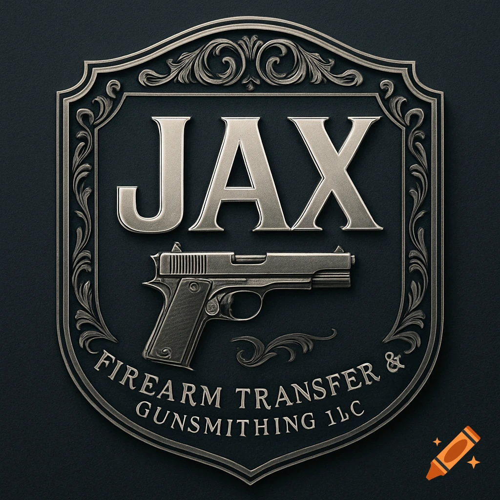Metallic, ornate logo for JAX Firearm Transfer & Gunsmithing, featuring a handgun and scrolled borders.