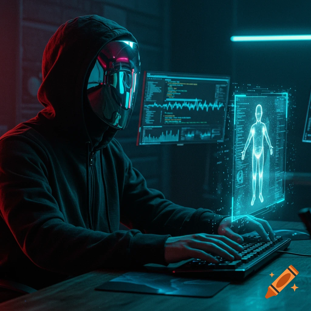 A person in a black hoodie and reflective mask types at a keyboard in a dark room with glowing computer screens displaying code and a holographic human.