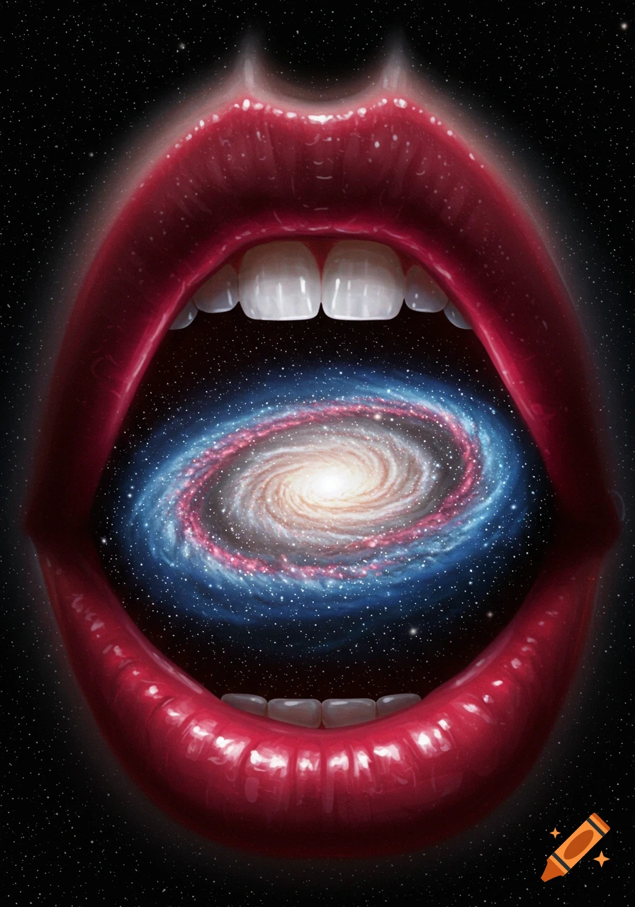 A close-up of a human mouth with glossy red lips and white teeth, open to reveal a swirling blue and pink galaxy within, against a dark starry background.