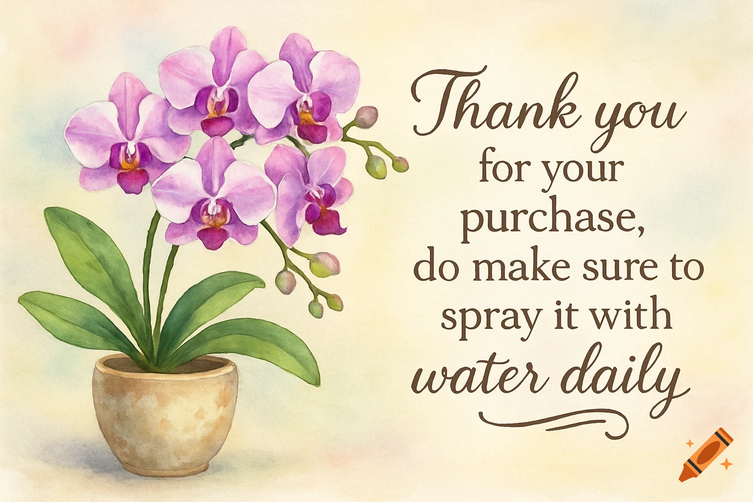 Watercolor illustration of a potted pink orchid with a thank you message on a light background.