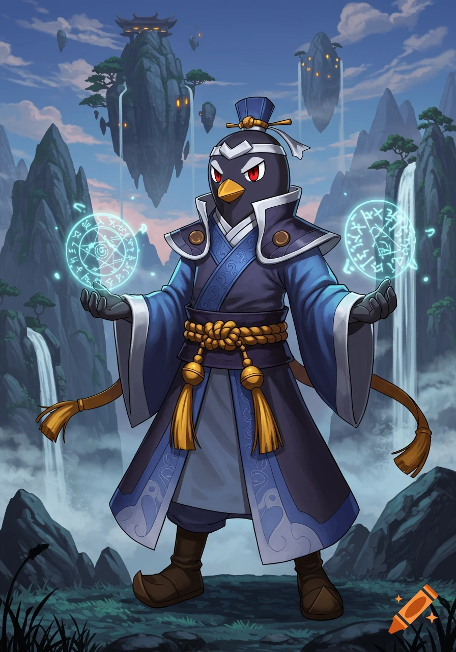 A cartoon penguin character in blue and gold cultivator robes, holding glowing magical symbols, stands in a fantasy landscape with floating islands and waterfalls.