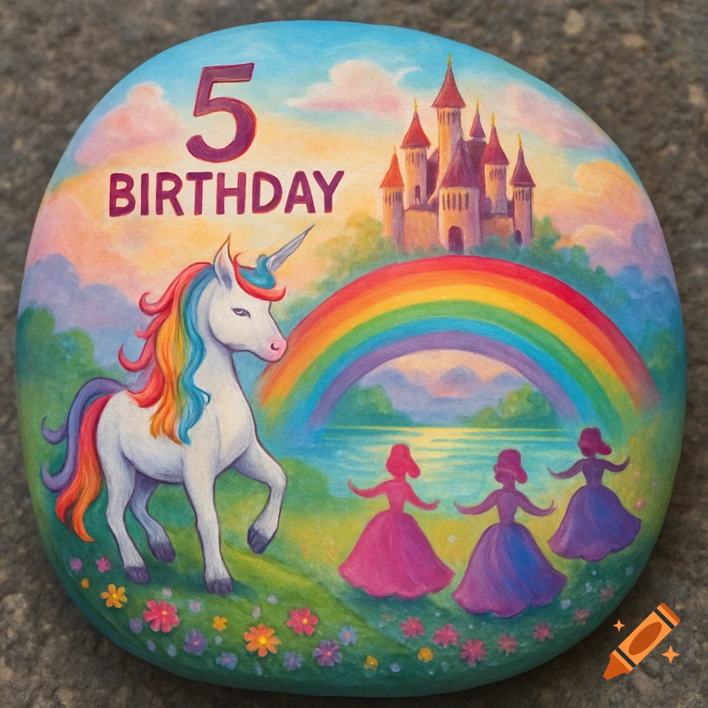 A colorful painted rock for a 5th birthday, featuring a unicorn, princesses, a rainbow, and a castle under a cloudy sky.
