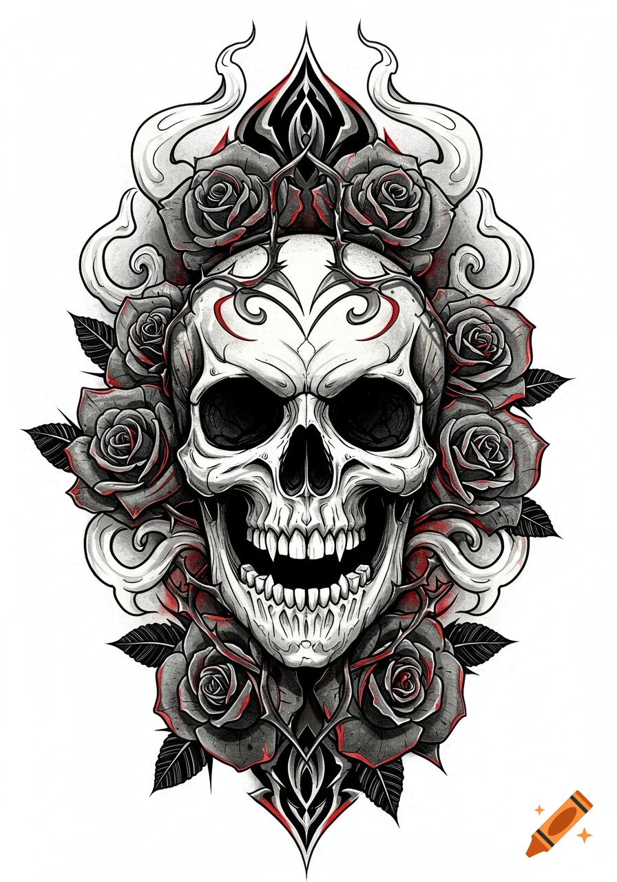 A detailed monochrome tattoo design of a skull surrounded by roses and ornate patterns, with red accents, on a white background.