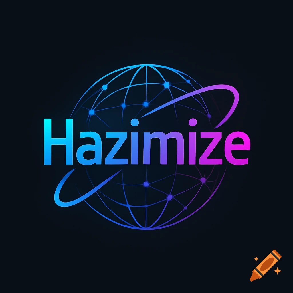 Hazimize logo with gradient text, blue wireframe globe, and an orbiting pink arc on a dark background.