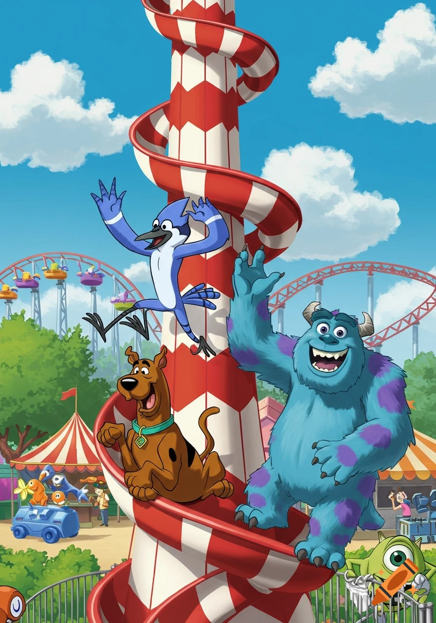 Cartoon characters Scooby-Doo, Mordecai, Sully, and Mike Wazowski have fun at an amusement park on a red and white spiral slide.