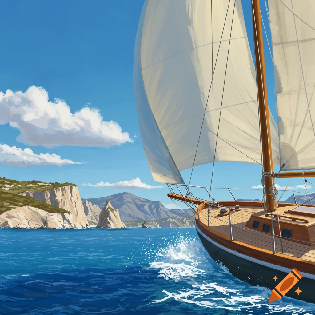 An illustrative painting of a sailboat with white sails on deep blue water, passing sunny white cliffs and mountains under a clear sky.