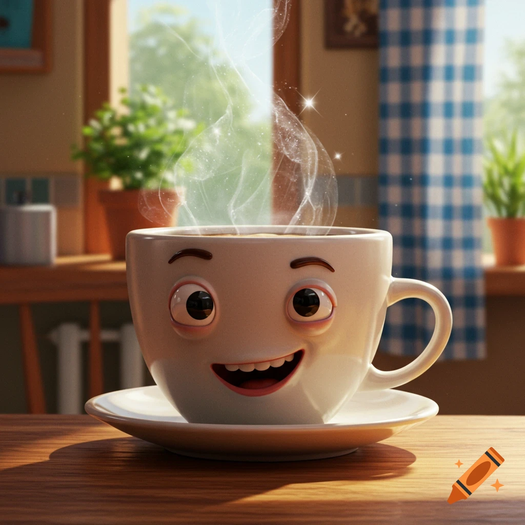 A smiling, anthropomorphic white coffee cup with big eyes and steam on a wooden table, in a sunny room with a blue checkered curtain.