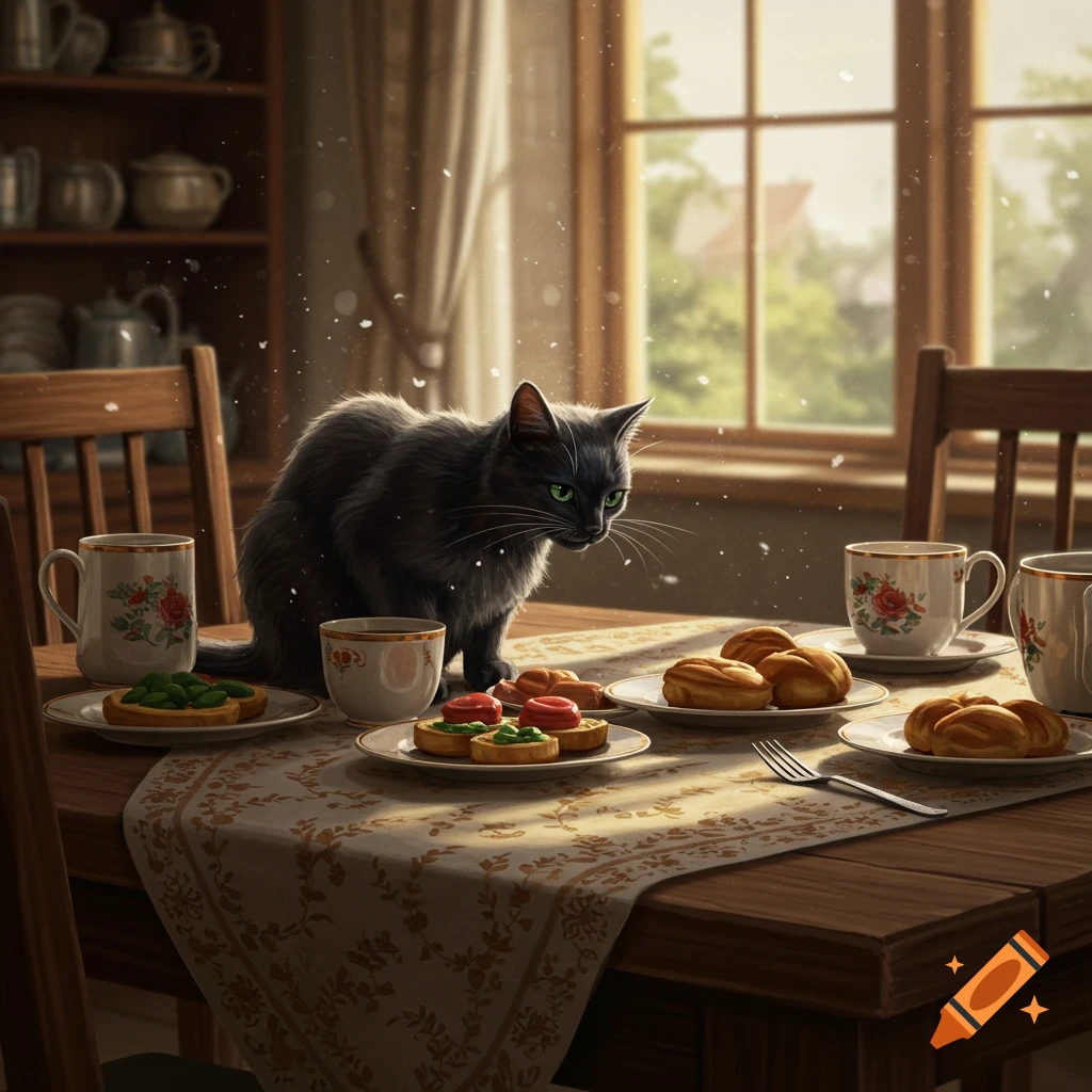 A gray cat sits on a rustic wooden dining table with various pastries and teacups, bathed in sunlight from a window, photorealistic.